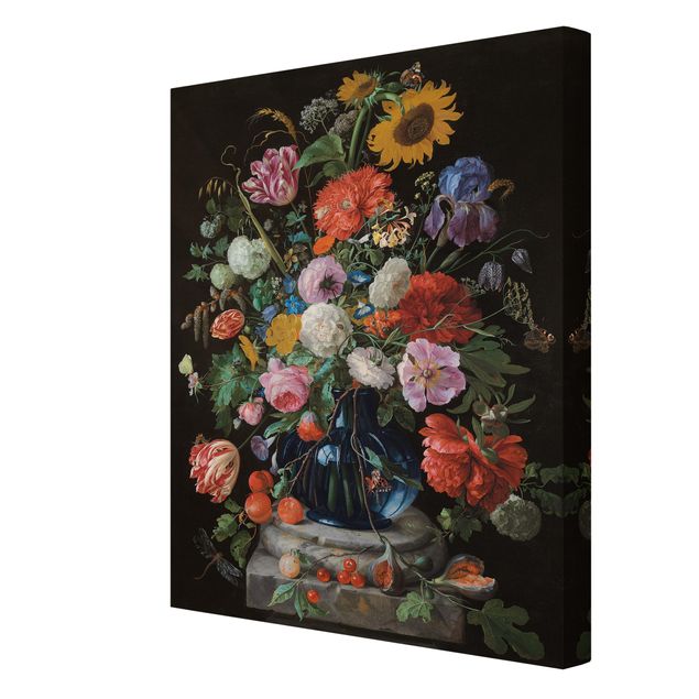 Leinwandbild - Jan Davidsz de Heem - Tulpen, eine Sonnenblume, eine Iris und andere Blumen in einer Glasvase auf dem Marmorsockel einer Säule - Hoch 3:4