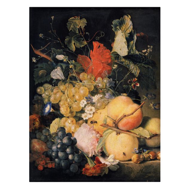 Leinwandbild - Jan van Huysum - Früchte, Blumen und Insekten - Hoch 3:4