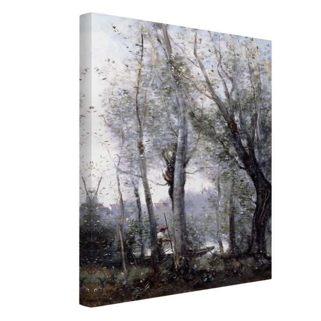 Leinwandbild - Jean-Baptiste Camille Corot - Ein Flussschiffer fährt hinter Bäumen vorbei - Hoch 3:4