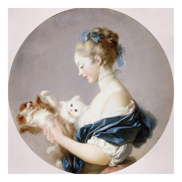 Leinwandbild - Jean Honoré Fragonard - Mädchen mit einem Hund und einer Katze spielend - Quadrat 1:1