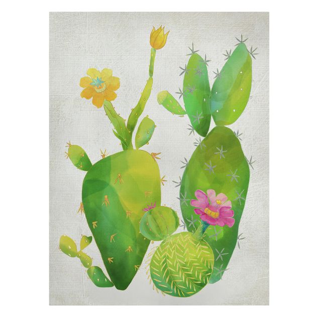 Leinwandbild - Kaktusfamilie rosa gelb - Hochformat 4:3