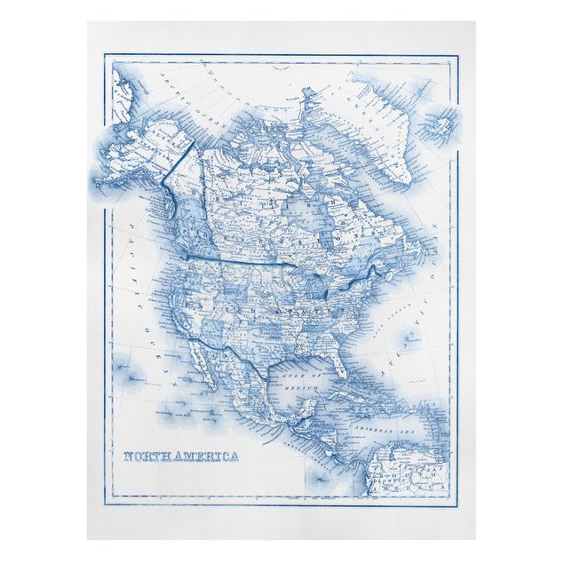 Leinwandbild - Karte in Blautönen - Nordamerika - Hochformat 4:3