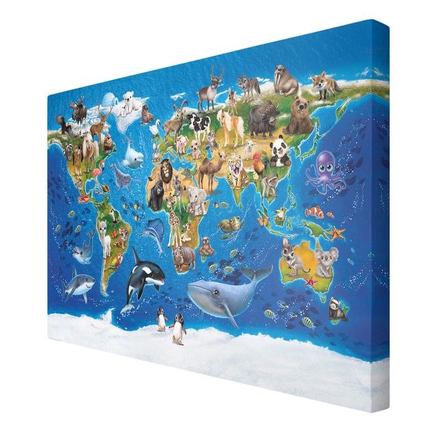 CANVAS Leinwand Bilder XXL Wandbilder für Kinder Weltkarte TIERE 3D 1469 