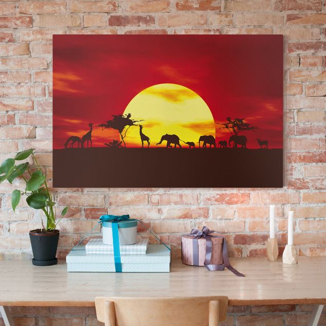 Afrika Leinwandbild No.CG80 Sunset Caravan - Elefanten & Giraffen, Rot, Gelb, Quer 3:2