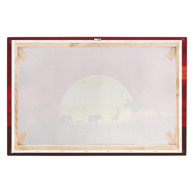 Afrika Leinwandbild No.CG80 Sunset Caravan - Elefanten & Giraffen, Rot, Gelb, Quer 3:2