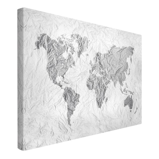 Leinwandbild Schwarz-Weiß - Papier Weltkarte Weiß Grau - Quer 3:2