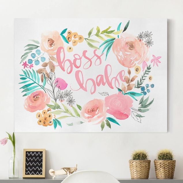 Leinwandbild mit Spruch Rosa Blüten - Boss Babe