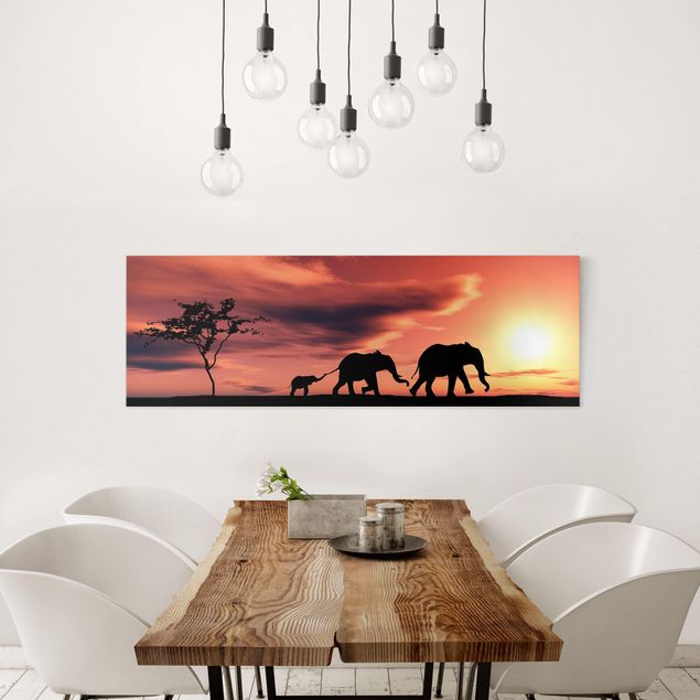 Afrika Leinwandbild Savannah Elefant Family - Rot, Schwarz, Panorama Quer