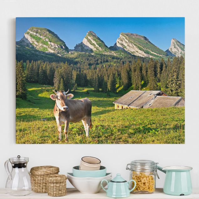 Leinwandbilder Naturmotive Schweizer Almwiese mit Kuh
