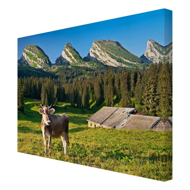 schöne Leinwandbilder Schweizer Almwiese mit Kuh