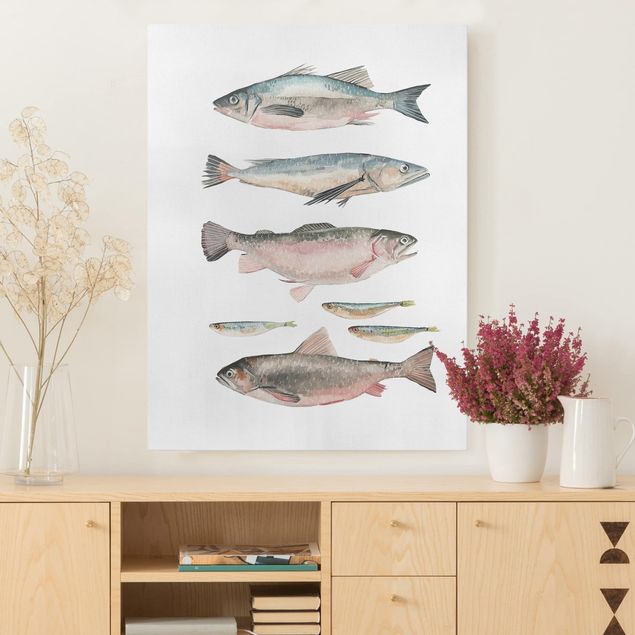Leinwandbilder modern Sieben Fische in Aquarell I