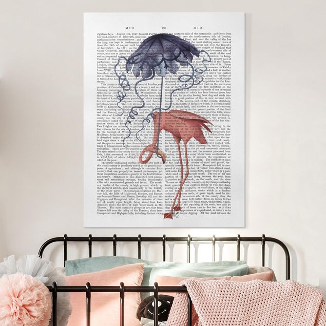 Leinwand mit Spruch Tierlektüre - Flamingo mit Regenschirm