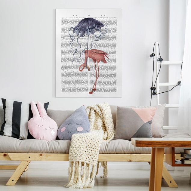 Leinwandbilder modern Tierlektüre - Flamingo mit Regenschirm