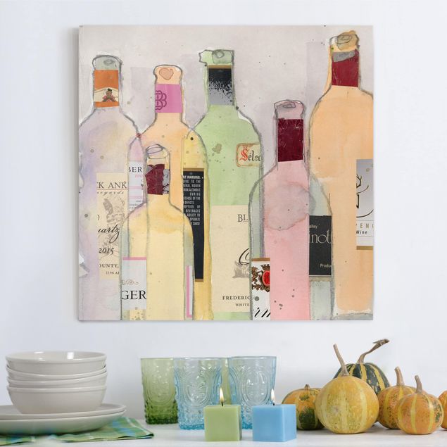 Leinwandbild - Weinflaschen in Wasserfarbe I - Quadrat 1:1