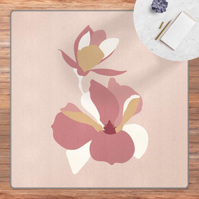 teppich mit blumenmuster Line Art Blüten Pastell Rosa