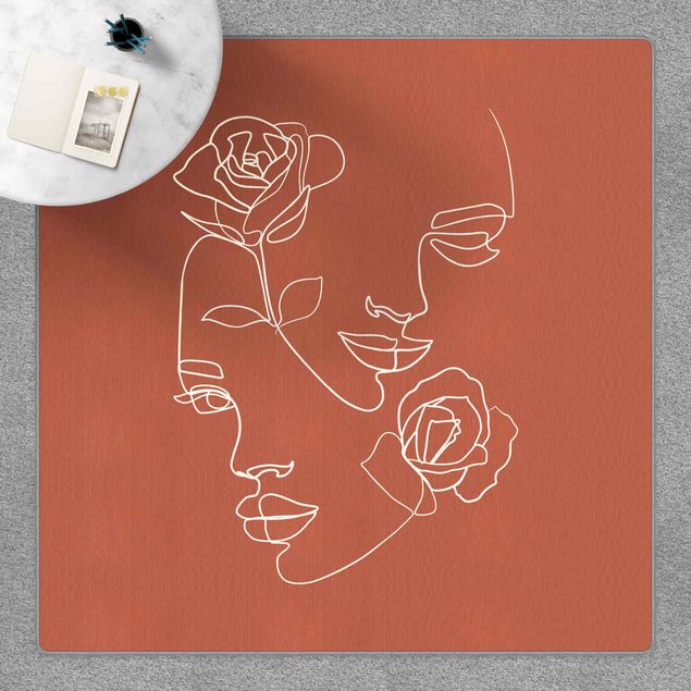 teppich mit blumenmuster Line Art Gesichter Frauen Rosen Kupfer
