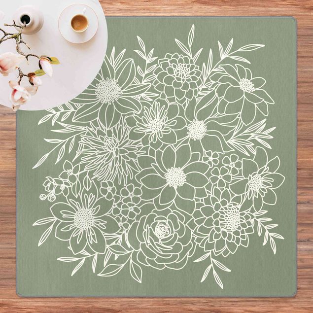 Teppich grün Lineart Blumen in Grün