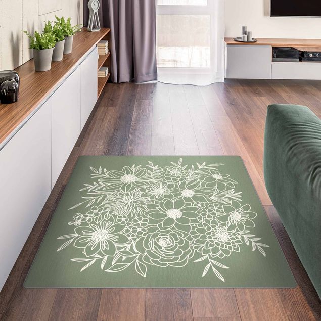 Moderne Teppiche Lineart Blumen in Grün