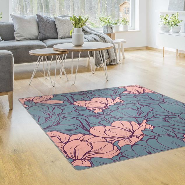 Moderner Teppich Magnolien Blütenmeer Altrosa und Petrol