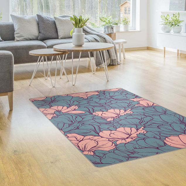 Moderner Teppich Magnolien Blütenmeer Altrosa und Petrol