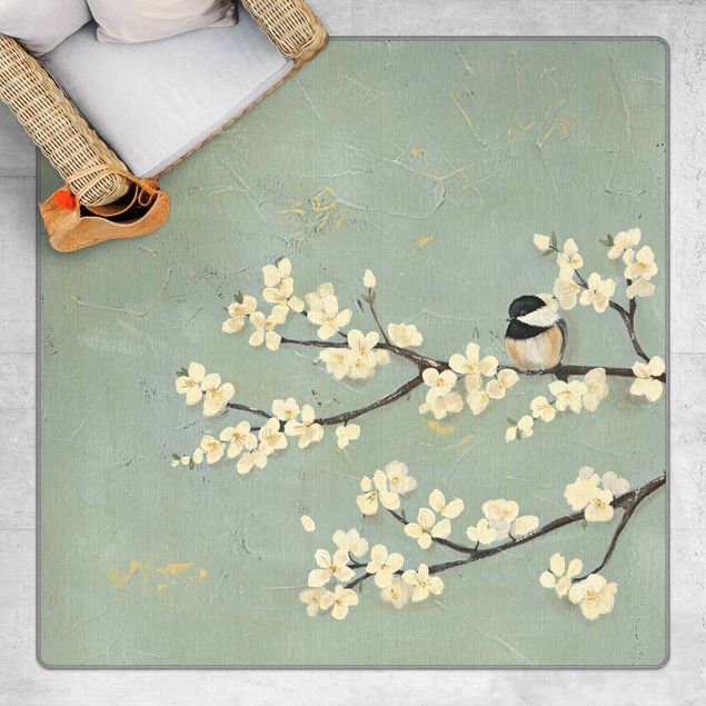 Teppich Blumenmuster Meise auf Kirschast
