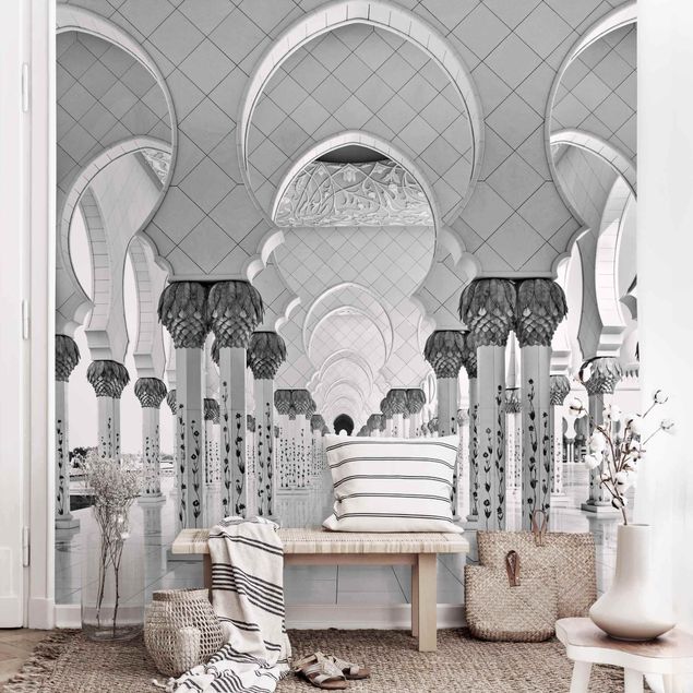 Orientalische Tapete Moschee in Abu Dhabi Schwarz-Weiß
