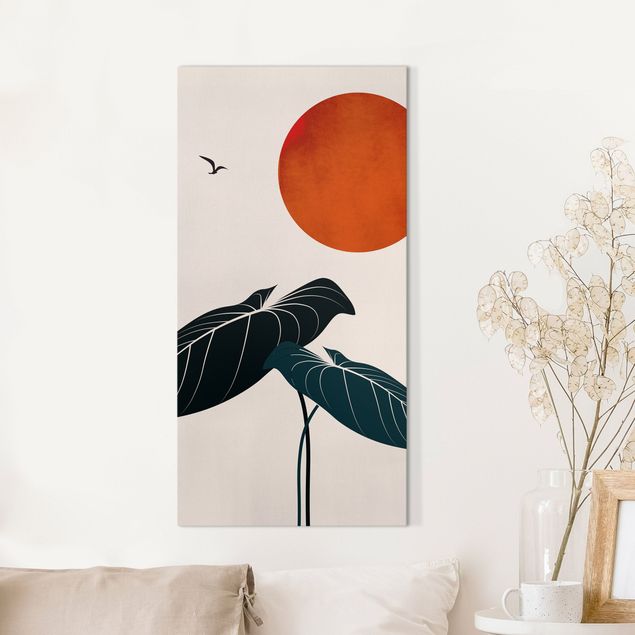 Leinwandbild Vögel Nachttraum - Pflanze und rote Sonne