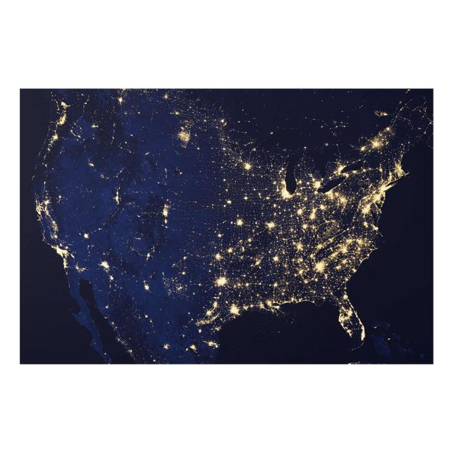 Glasbild - NASA Fotografie USA von oben bei Nacht - Querformat