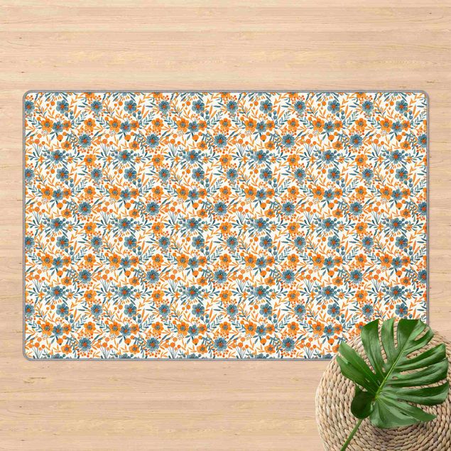 teppich mit blumenmuster Orange Blaue Blüten auf Weiß