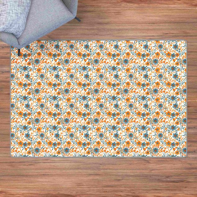 Teppich orange Orange Blaue Blüten auf Weiß