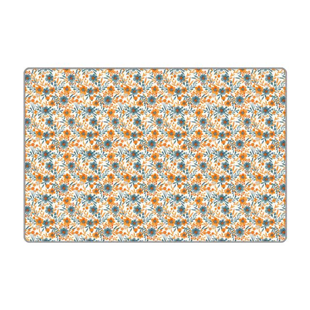 Teppich - Orange Blaue Blüten auf Weiß