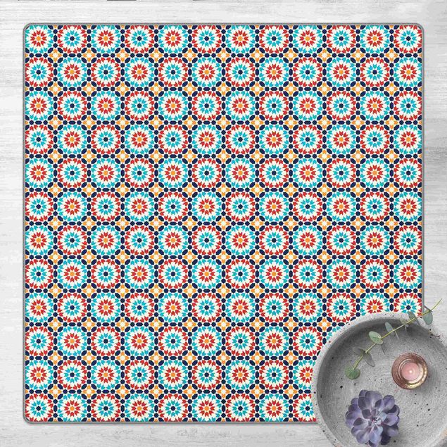 Vinyl Teppich Fliesenoptik Orientalisches Muster mit bunten Blüten