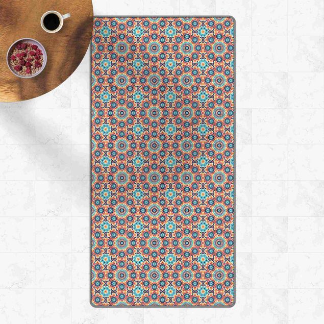 Vinyl Teppich Fliesenoptik Orientalisches Muster mit bunten Blumen