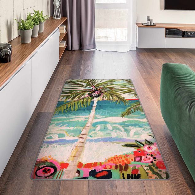 Moderne Teppiche Palme mit pinken Blumen I