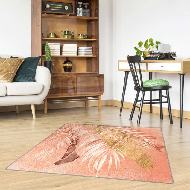 Moderner Teppich Palmenblätter Rosa und Gold II