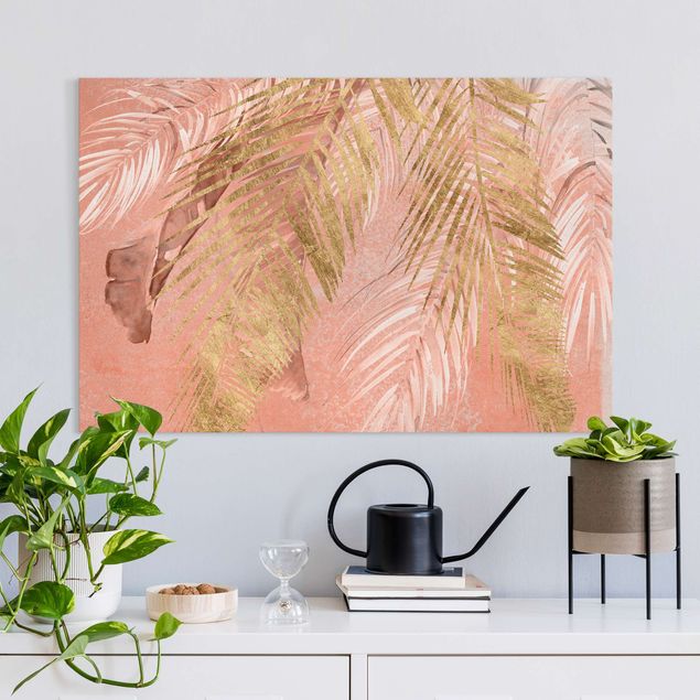 moderne Leinwandbilder Palmenblätter Rosa und Gold III
