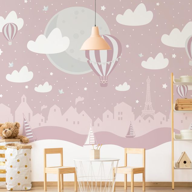 Design Tapeten Paris mit Sternen und Heißluftballon in Rosa
