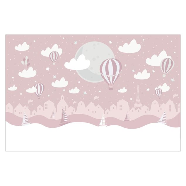 Fototapete - Paris mit Sternen und Heißluftballon in Rosa