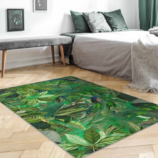 Teppich grün Pfauen im Dschungel