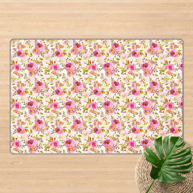 Teppich Blumenmuster Pinke Aquarell Blumen