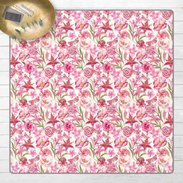 Teppich pink Pinke Blumen mit Schmetterlingen