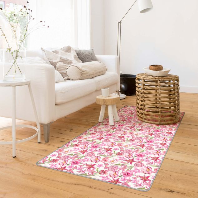 Moderne Teppiche Pinke Blumen mit Schmetterlingen