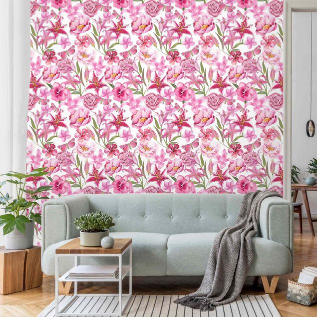 Design Tapeten Pinke Blumen mit Schmetterlingen