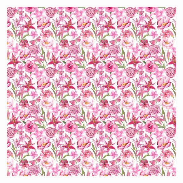 Tapete selbstklebend Pinke Blumen mit Schmetterlingen