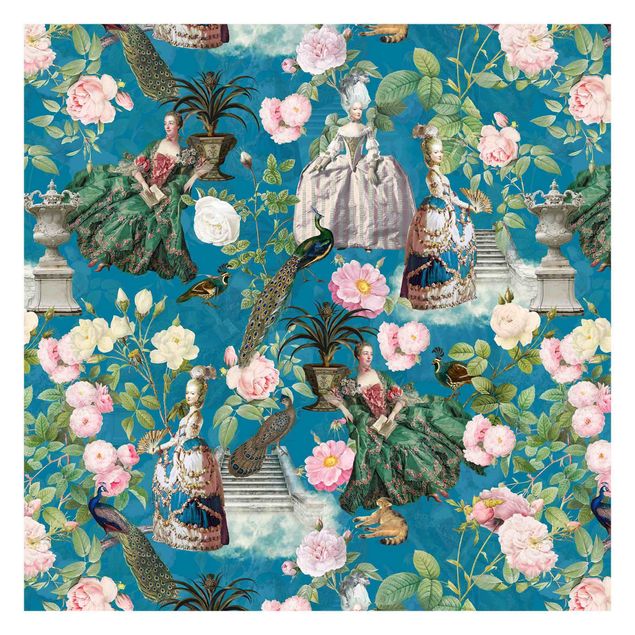 Fototapete selbstklebend Pompöse Kleider im Rosengarten auf Blau