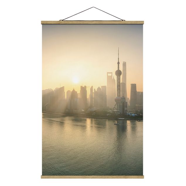 Stoffbild mit Posterleisten - Pudong bei Sonnenaufgang - Hochformat 2:3