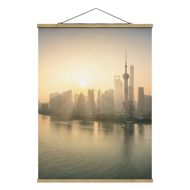Stoffbild mit Posterleisten - Pudong bei Sonnenaufgang - Hochformat 3:4
