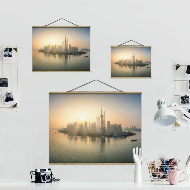 Stoffbild mit Posterleisten - Pudong bei Sonnenaufgang - Querformat 4:3