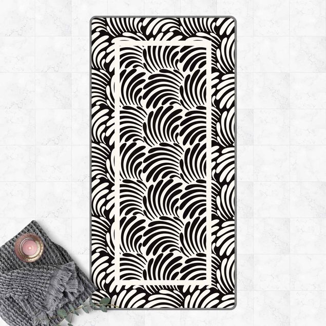 Teppich schwarz-weiß Quadratische Blätterornamente Schwarz Weiß mit Rahmen