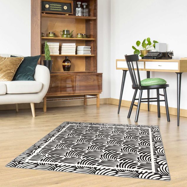 Teppich modern Quadratische Blätterornamente Schwarz Weiß mit Rahmen